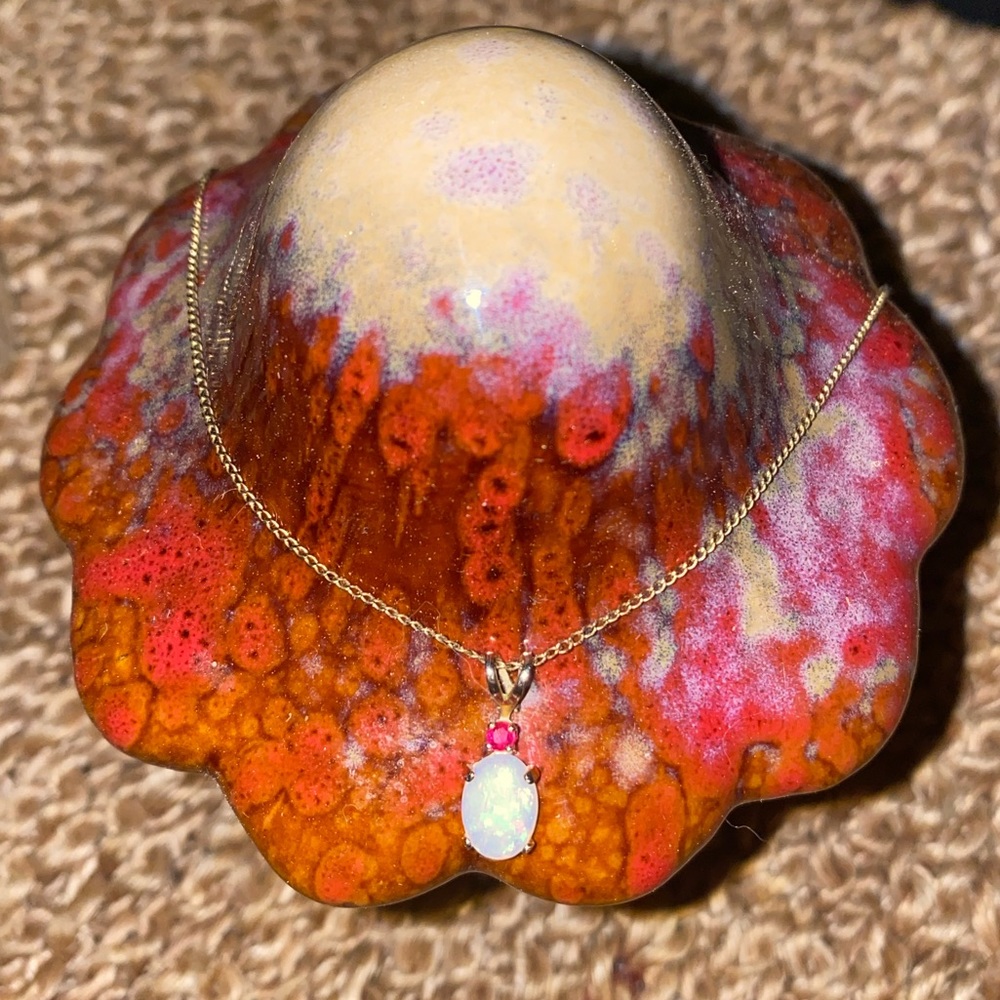 14K Vintage opal and ruby necklace